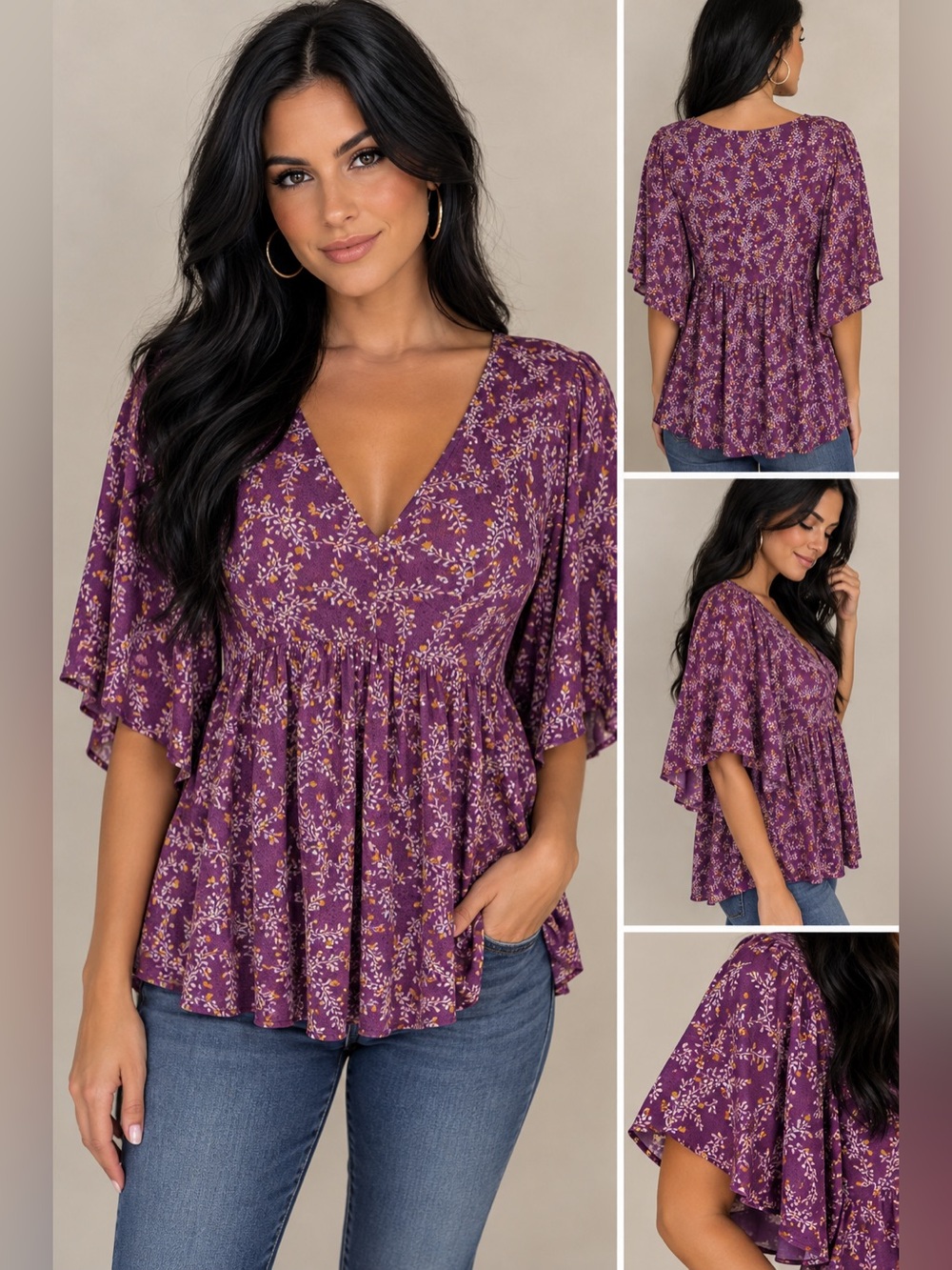 Dear Scarlett- Purple Ditsy Floral V-Neck Flutter Sleeve Top